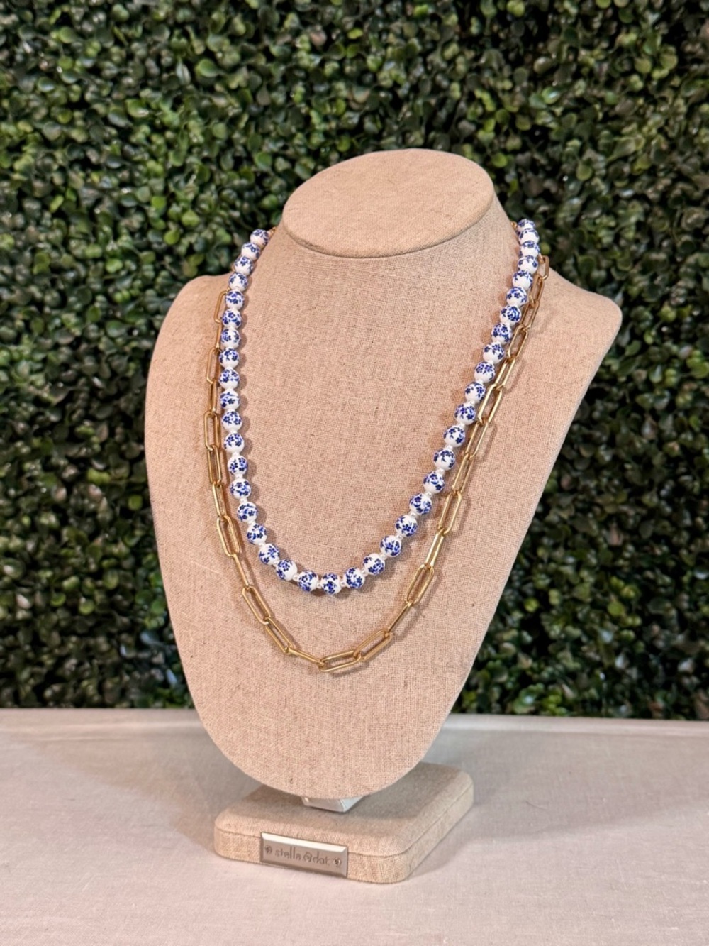 Cabi Blue & White Beaded Necklace with Gold Chain Layer